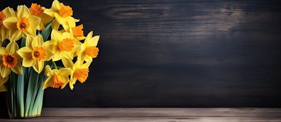 A copy space image featuring a stunning daffodil bouquet placed on a rustic dark wooden table