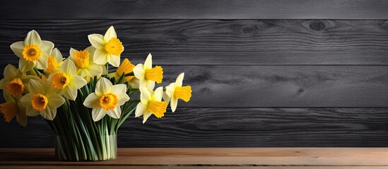 A copy space image featuring a stunning daffodil bouquet placed on a rustic dark wooden table
