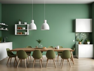  Modern kitchen and dining room on empty green wall background- 3D rendering 