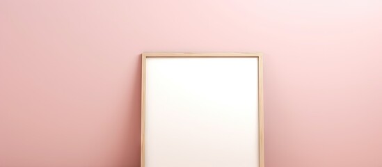 A copy space image featuring a mockup displaying a wooden frame placed on a pastel background in pink and beige hues