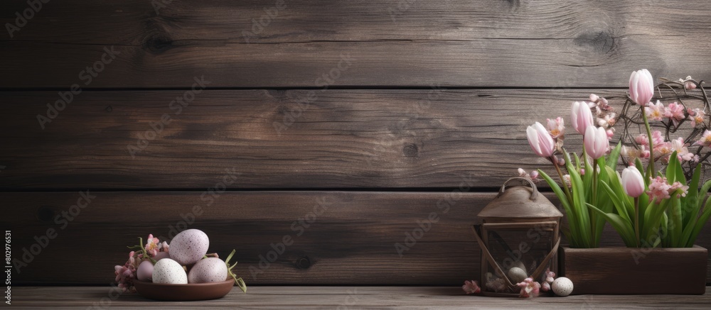 Poster a dark wooden board with a window in a cozy home interior for easter decoration creating a springtim