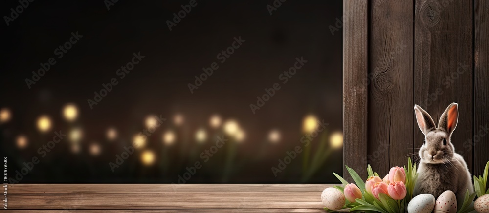 Poster a dark wooden board with a window in a cozy home interior for easter decoration creating a springtim