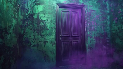 Fototapeta premium The background is completely mix Green and Purple with no texture and the door is in the right hand side