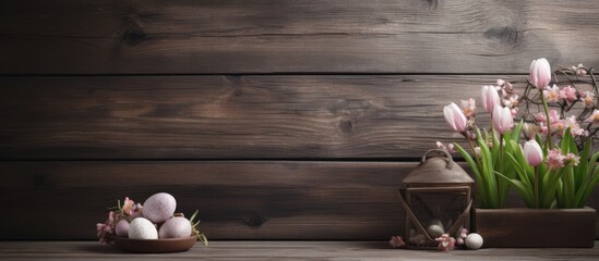 A dark wooden board with a window in a cozy home interior for Easter decoration creating a...
