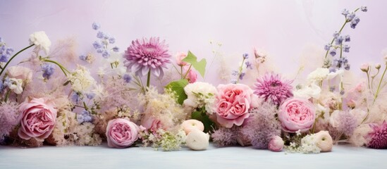 A decorative arrangement of delicate flowers for a wedding providing a charming touch to the event Ample space for additional imagery