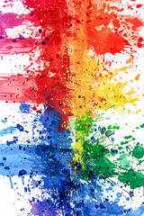 A colorful rainbow with splatters of paint on a white background