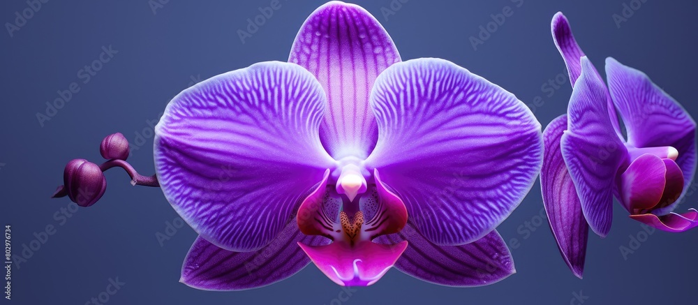 Poster a beautiful purple orchid flower in full bloom with an empty space for text or other graphics in the