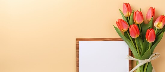 A copy space image of a vibrant tulip bouquet adorning a pin board alongside a notebook