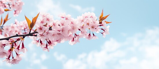 A copy space image of a pink cherry blossom branch beautifully contrasted against a serene blue sky dotted with fluffy white clouds - Powered by Adobe
