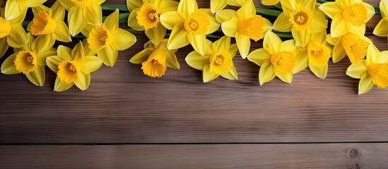 A copy space image of bright yellow daffodils arranged on a rustic wooden background