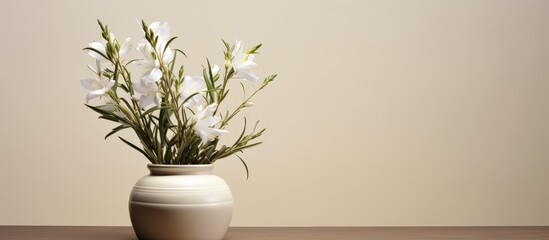 A cream surface displays a traditional vase adorned with rosemary branches and an iris flower creating a copy space image