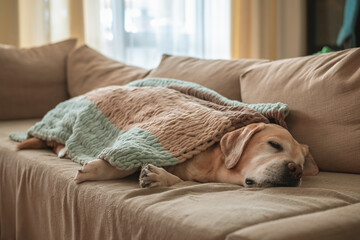 adorable dog labrador sleeps on the couch at home, covered with a blanket. home, comfort, family