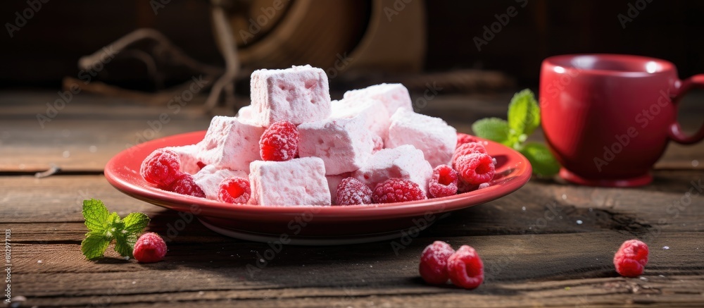 Poster A delicious homemade berry marshmallow is placed on a beautifully decorated red plate set against a rustic wooden background creating an inviting and visually appealing copy space image The marshmall