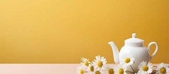 A copy space image of chamomile herbal tea set against a soft pastel background
