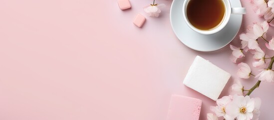 A copy space image of a pink themed good morning card with a cup of coffee a marshmallow and a pink flower against a light wooden backdrop - Powered by Adobe