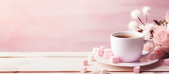 A copy space image of a pink themed good morning card with a cup of coffee a marshmallow and a pink flower against a light wooden backdrop