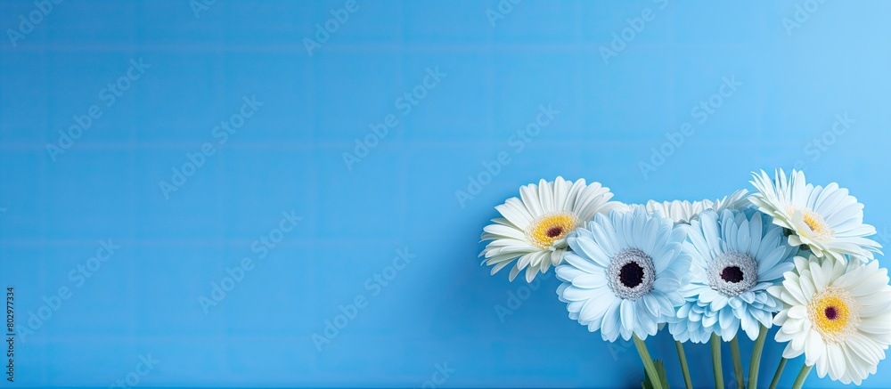Aufkleber a beautiful bouquet of gerbera flowers displayed against a vibrant blue backdrop creating an ideal c