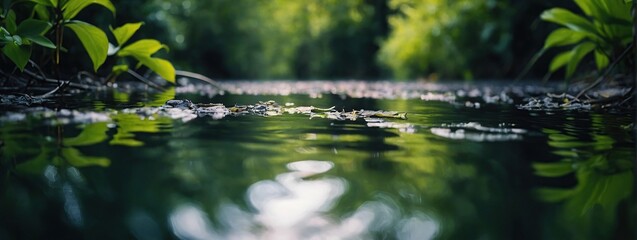 Green leaves reflecting in the water, shallow focus