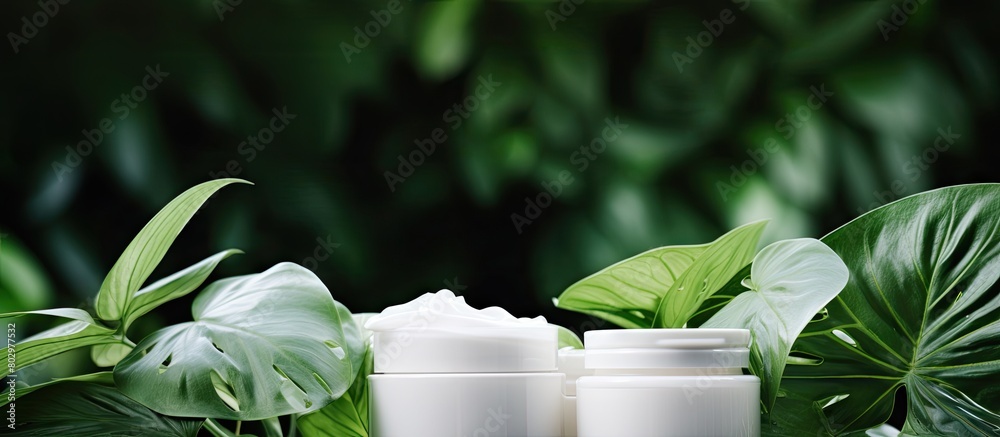 Poster a copy space image featuring white tubes of natural cosmetic products adorned with green leaves allo