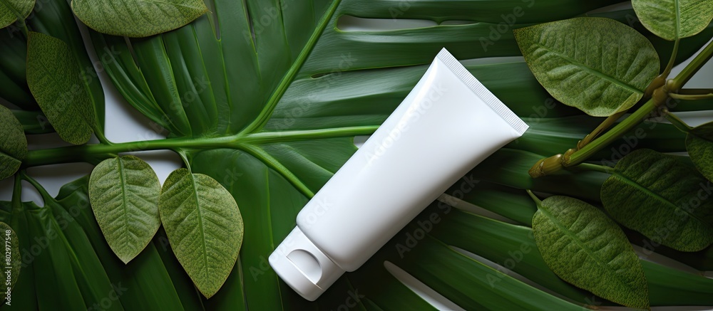 Poster a copy space image featuring white tubes of natural cosmetic products adorned with green leaves allo
