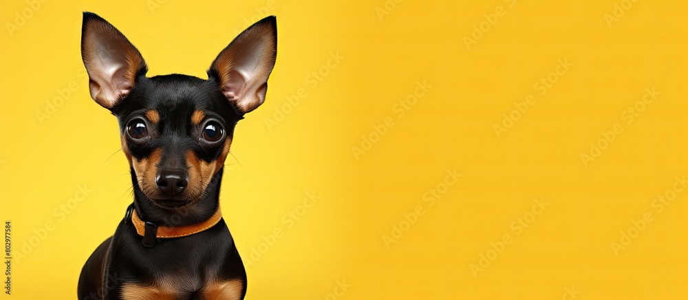Poster A charming toy terrier sits on a vibrant backdrop providing room for text in the image The playful pup is a domestic dog. with copy space image. Place for adding text or design