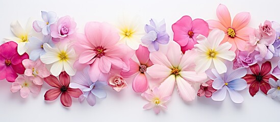 A colorful spring flower bouquet with pink petals arranged horizontally for a greeting card or banner The top view of the image allows for text in the copy space