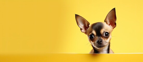A Chihuahua dog with a yellow background is gazing directly at the camera offering a copy space image for your text