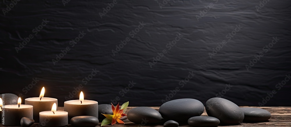 Poster a dark table with burning candles spa stones and ample copy space for text