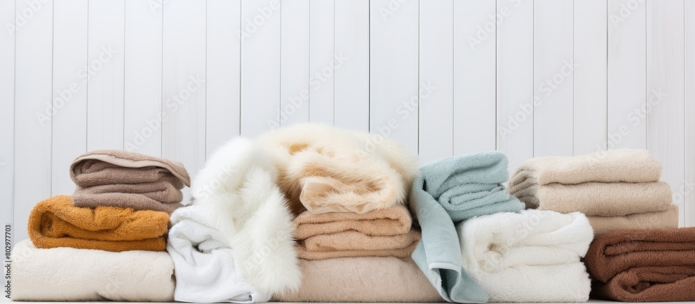 Poster A creative arrangement of fresh towels on a white wooden table creating a captivating copy space image