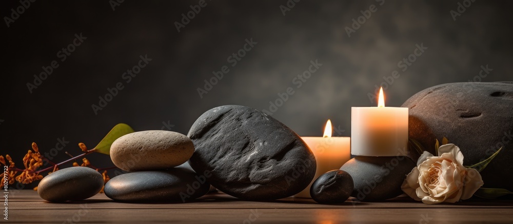 Poster a dark table with burning candles spa stones and ample copy space for text