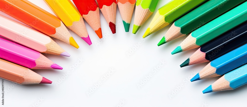 Poster a copy space image showing colorful pencils placed in the center on a white background ideal for kid