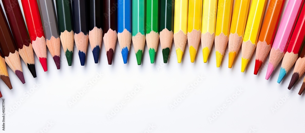 Poster a copy space image showing colorful pencils placed in the center on a white background ideal for kid
