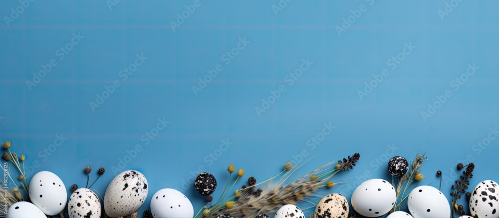 Poster a blue background with white feathers adorned by quail eggs creates an easter themed copy space imag
