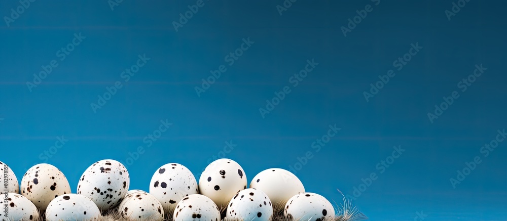 Poster a blue background with white feathers adorned by quail eggs creates an easter themed copy space imag