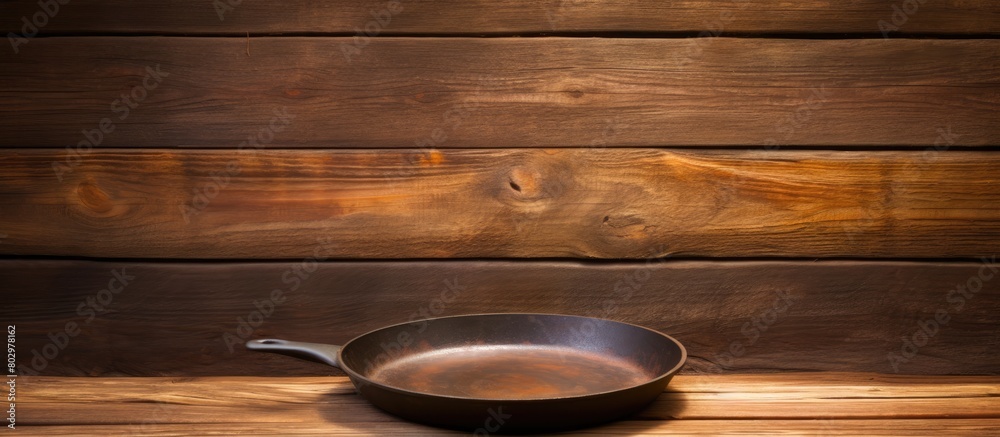 Poster A cast iron frying pan with a non stick coating sits on a wooden table creating a captivating contrast against the rustic backdrop. with copy space image. Place for adding text or design