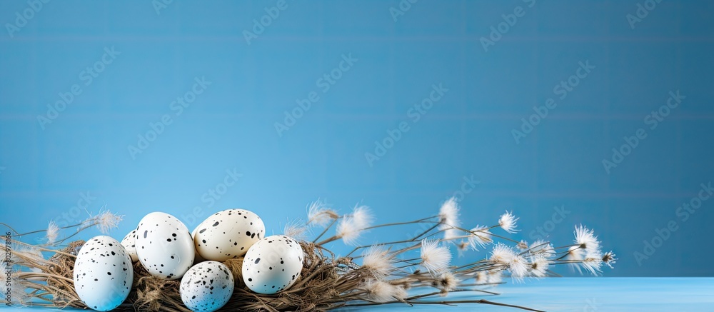 Poster a blue background with white feathers adorned by quail eggs creates an easter themed copy space imag