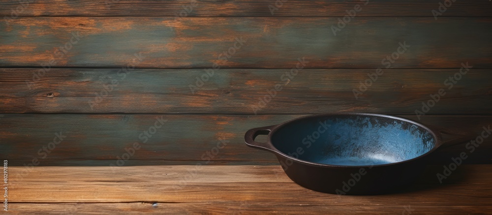 Poster A cast iron frying pan with a non stick coating sits on a wooden table creating a captivating contrast against the rustic backdrop. with copy space image. Place for adding text or design