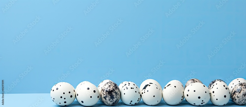 Poster a blue background with white feathers adorned by quail eggs creates an easter themed copy space imag