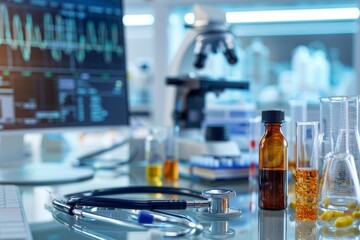 A medical researcher's desk, with a stethoscope lying next to a microscope, test tubes, and a computer displaying medical data.