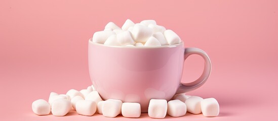A copy space image featuring marshmallows in an earthenware mug set against a pink background