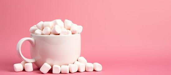Fototapeta na wymiar A copy space image featuring marshmallows in an earthenware mug set against a pink background