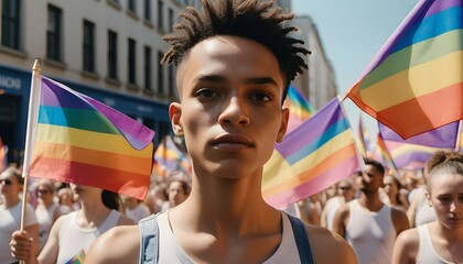 portrait of a person at the streets, hundreds of people march with LGBTQ flags in the pride para
