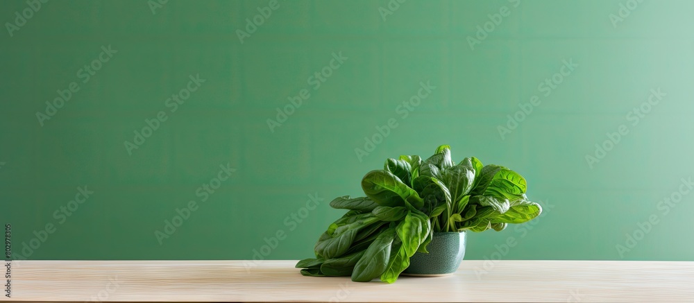 Poster a copy space image featuring vibrant green spinach placed on a bright table providing ample room for