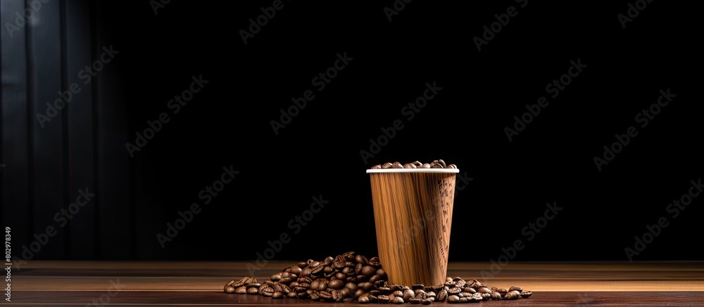 Aufkleber a disposable crafting cup filled with coffee grains sits on a wooden table providing ample copy spac