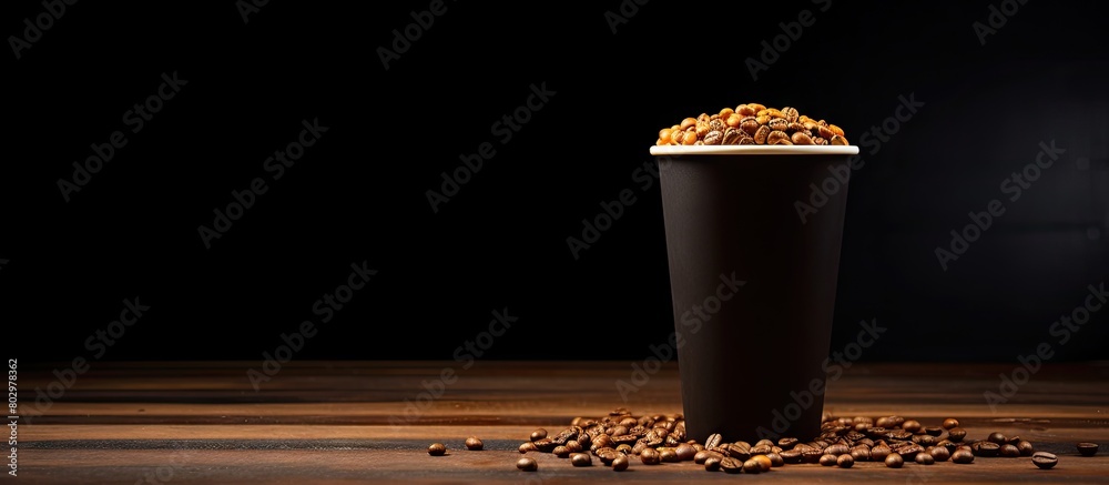 Aufkleber A disposable crafting cup filled with coffee grains sits on a wooden table providing ample copy space The cup is placed against a black background creating a mockup display