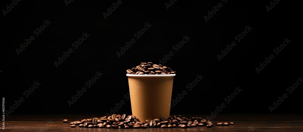 Aufkleber a disposable crafting cup filled with coffee grains sits on a wooden table providing ample copy spac