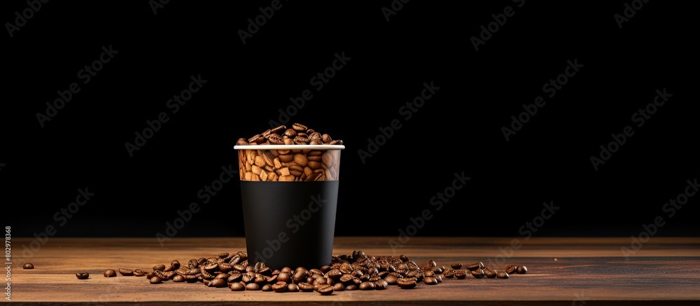 Aufkleber A disposable crafting cup filled with coffee grains sits on a wooden table providing ample copy space The cup is placed against a black background creating a mockup display