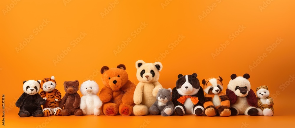 Poster a copy space image of adorable plush animals arranged against a vibrant orange backdrop