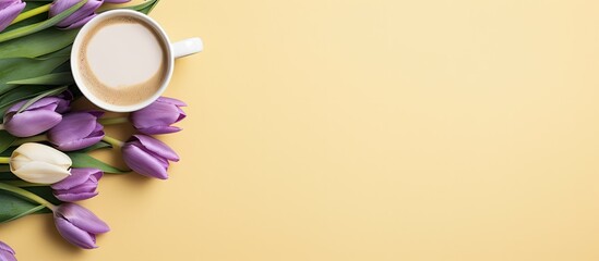 A copy space image featuring a yellow background adorned with white tulips a coffee cup and a purple card as seen from above