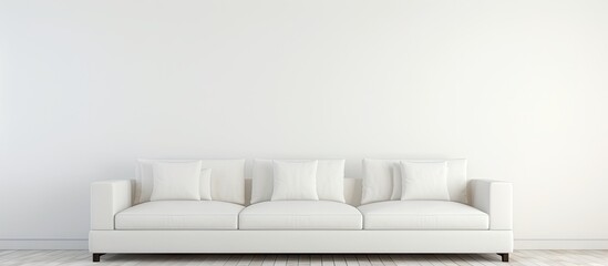 A contemporary sofa positioned beside a pristine white wall offering a blank area for displaying images or text. with copy space image. Place for adding text or design